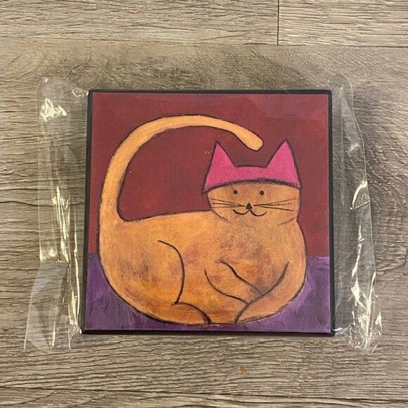 Orange Cat in Pink Hat Tonya Gray Art Works Signed Handmade Art 4" x 4" - Picture 1 of 2